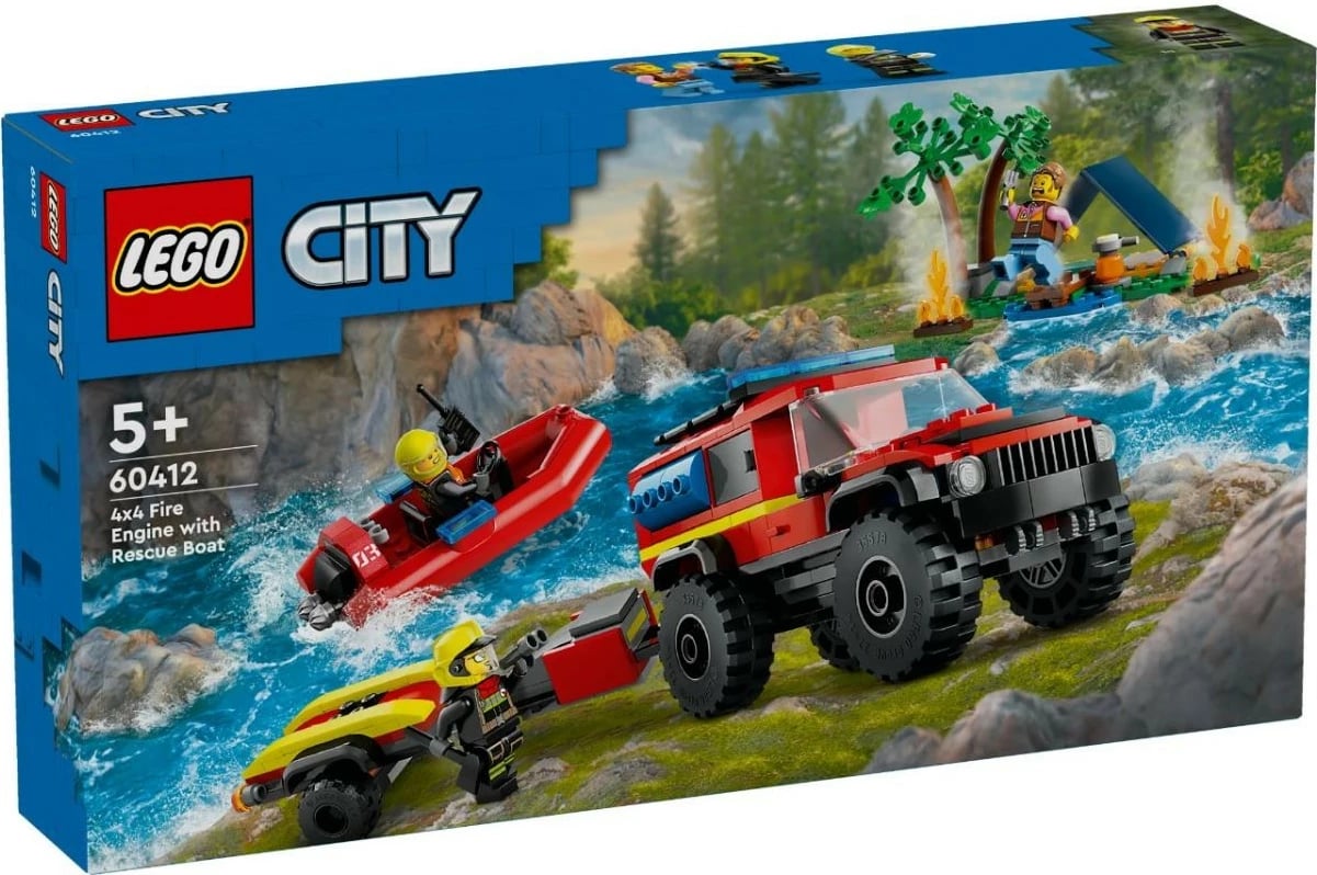 Set lodrash LEGO City 60412, kamion zjarri off-road me varkë shpëtimi, 301 pjesë