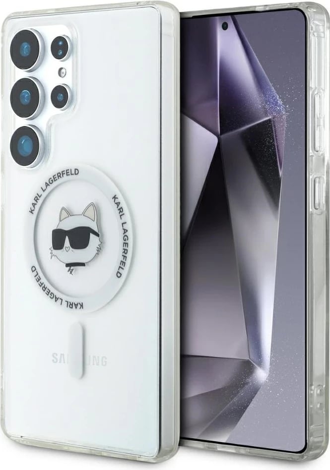 Mbështjellës Karl Lagerfeld Button Choupette Head Printed Logo MagSafe për Samsung Galaxy S25 Ultra, Bardhë