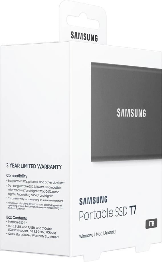 SSD i jashtëm Samsung Portable T7, 1 TB, USB Type-C 3.2 Gen 2, Gri