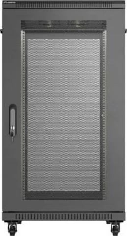 Kabinet rack qëndrimor 19" Lanberg FF01-6022-23B 22U, ngarkesë 800 kg, derë e perforuar, panel me 6 ventilatorë, Flat Pack, e zezë