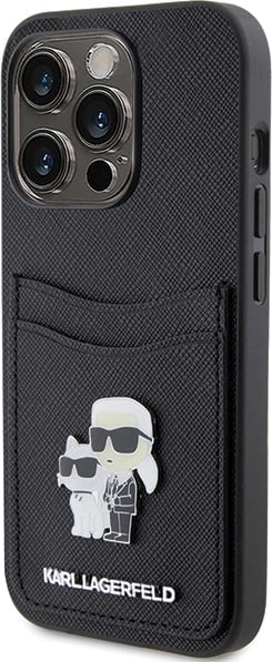 Mbështjellës Karl Lagerfeld Saffiano Cardslot Karl&Choupette Metal Pin për iPhone 15 Pro, i zi