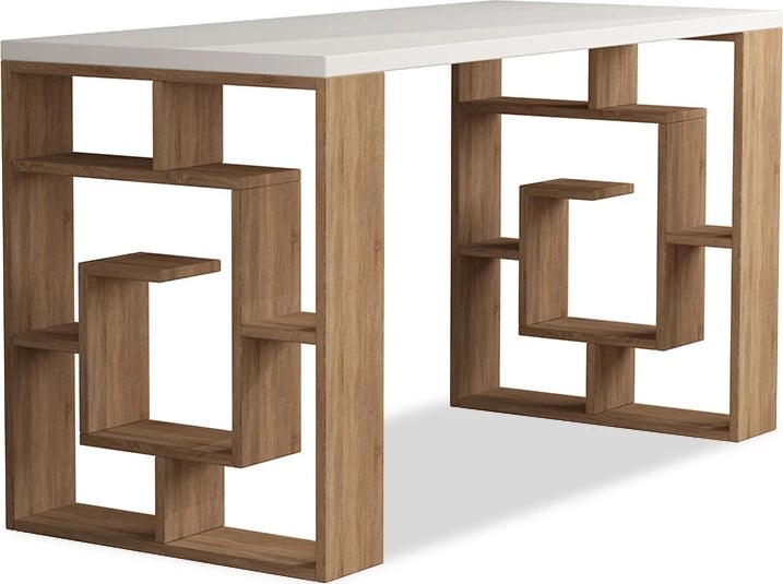 Tavolinë pune Labirent, ngjyrë bardhë-lisi, 140x60x75cm