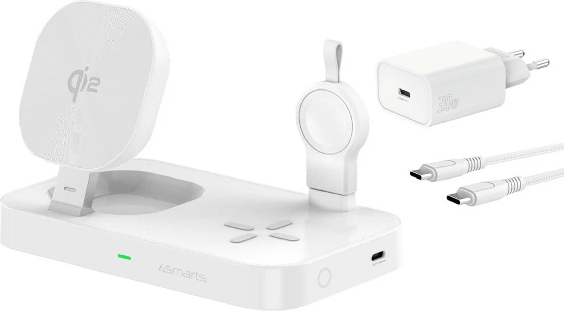 Stacion karikimi wireless 3-në-1 4smarts 541368, Qi2, MagSafe, 25W, 1.5m, i bardhë