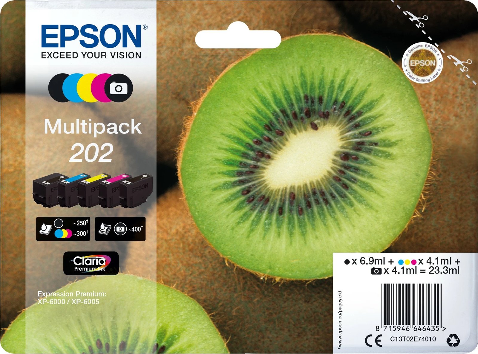 Multipack bojra Epson Kiwi 5-ngjyrëshe 202 Claria Premium, Standard Yield, e zezë, foto e zezë, cyan, magenta, e verdhë