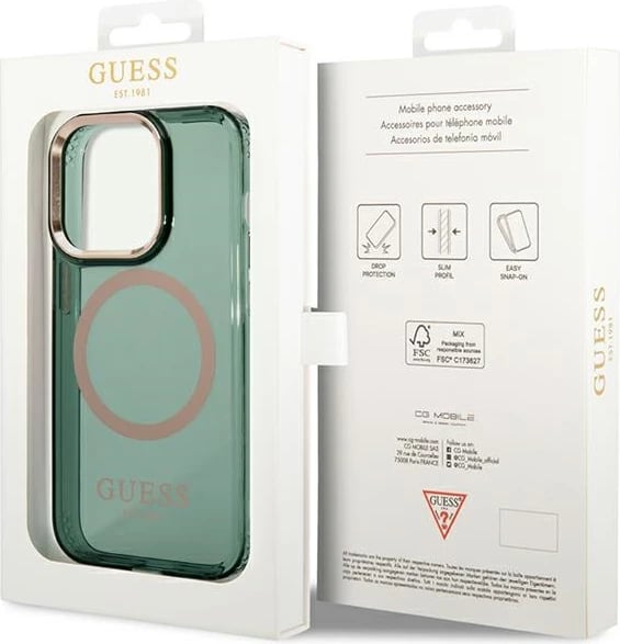 Mbështjellës Guess Gold Outline Translucent MagSafe për iPhone 14 Pro Max 6.7", i gjelbër