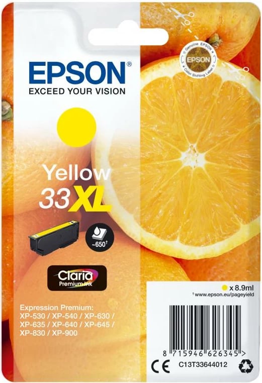 Patron boje Epson 33XL C13T33644012, rendiment i lartë, e verdhë