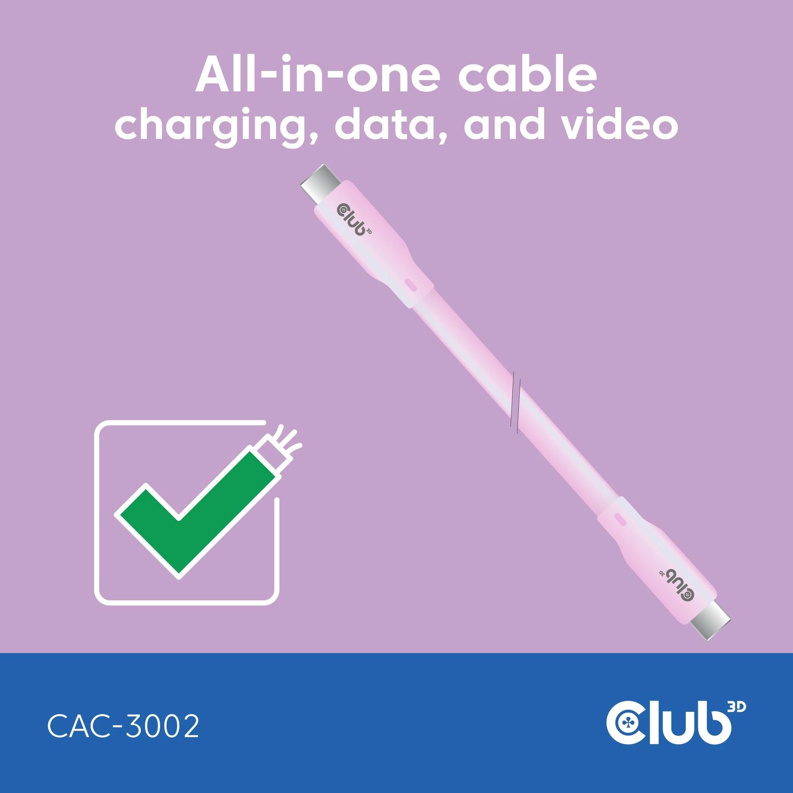 Kabllo USB-C Club3D CAC-3002, 2m, 240W, 20Gbps, rozë