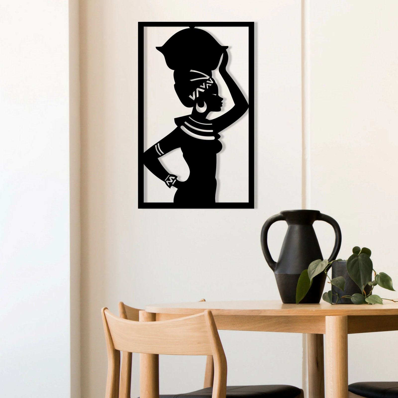 Aksesor dekorativ metalik për mur, Wallity, motiv afrikan, ngjyrë e zezë, 35x56cm