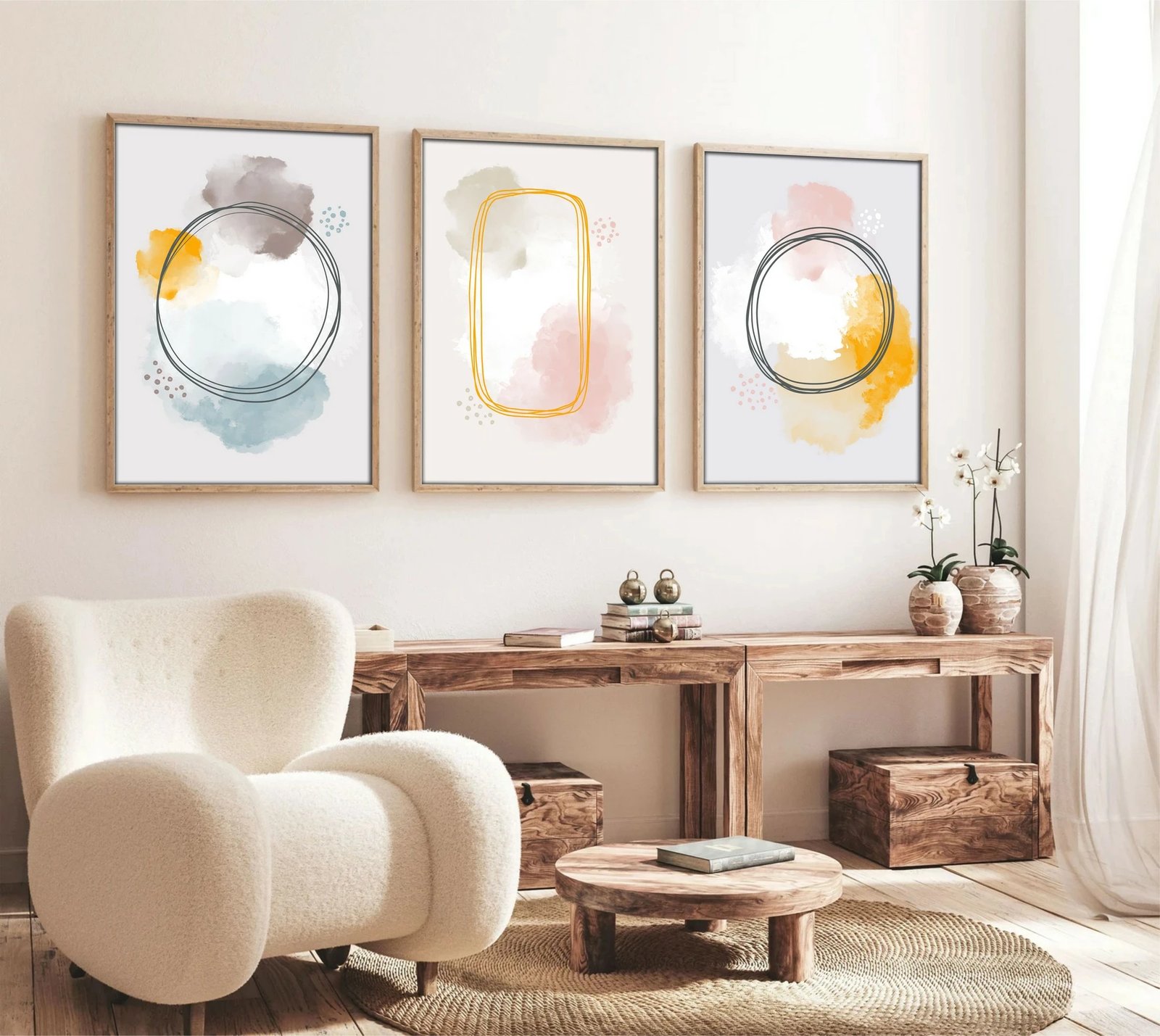 Pikturë dekorative me kornizë, 3 copë, MDF, shumëngjyrëshe, Wallity, Huhu125, 50x35cm