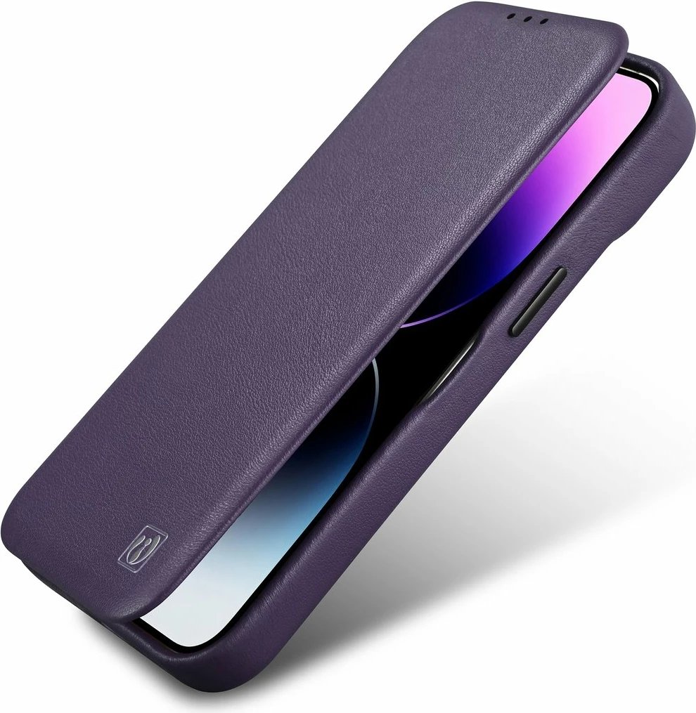 Mbështjellës iCarer CE Premium lëkurë, për iPhone 14 Plus, MagSafe, vjollcë e errët