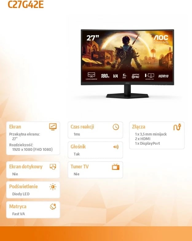 Monitor i lakuar gaming AOC C27G42E, 27", 180Hz, VA, FHD, i zi