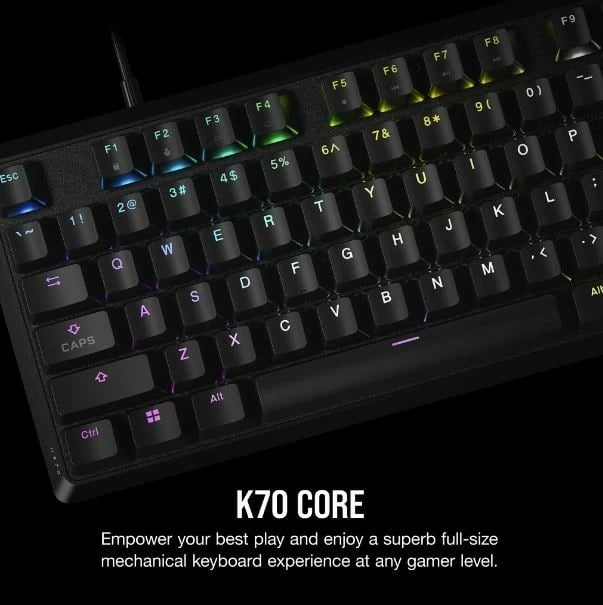 Tastierë mekanike Corsair K70 Core RGB (CH-910971E-NA), me kabllo USB, ndriçim RGB, e zezë