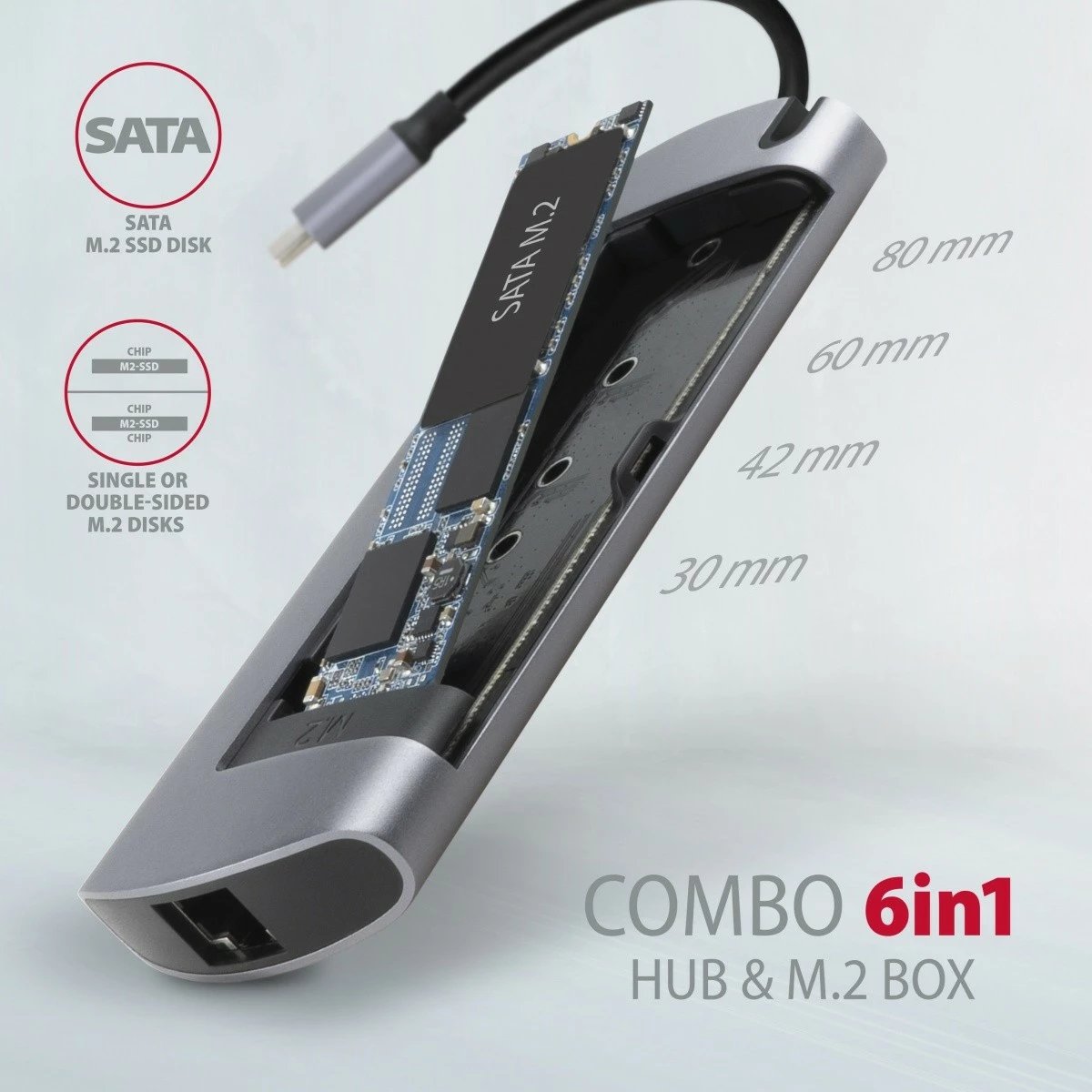 Kasë AXAGON HMC-6M2, multiport USB-C 3.2 Gen 1 hub, slot M.2 SATA, HDMI, GLAN, 2x USB-A, PD 100W, Gri