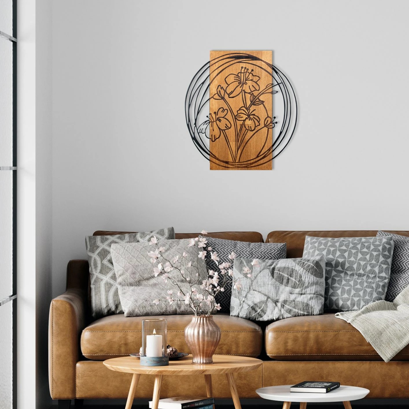 Aksesor dekorativ për mur, dru dhe metal, orkide, ngjyrë e zezë dhe arre, 55x57.5cm