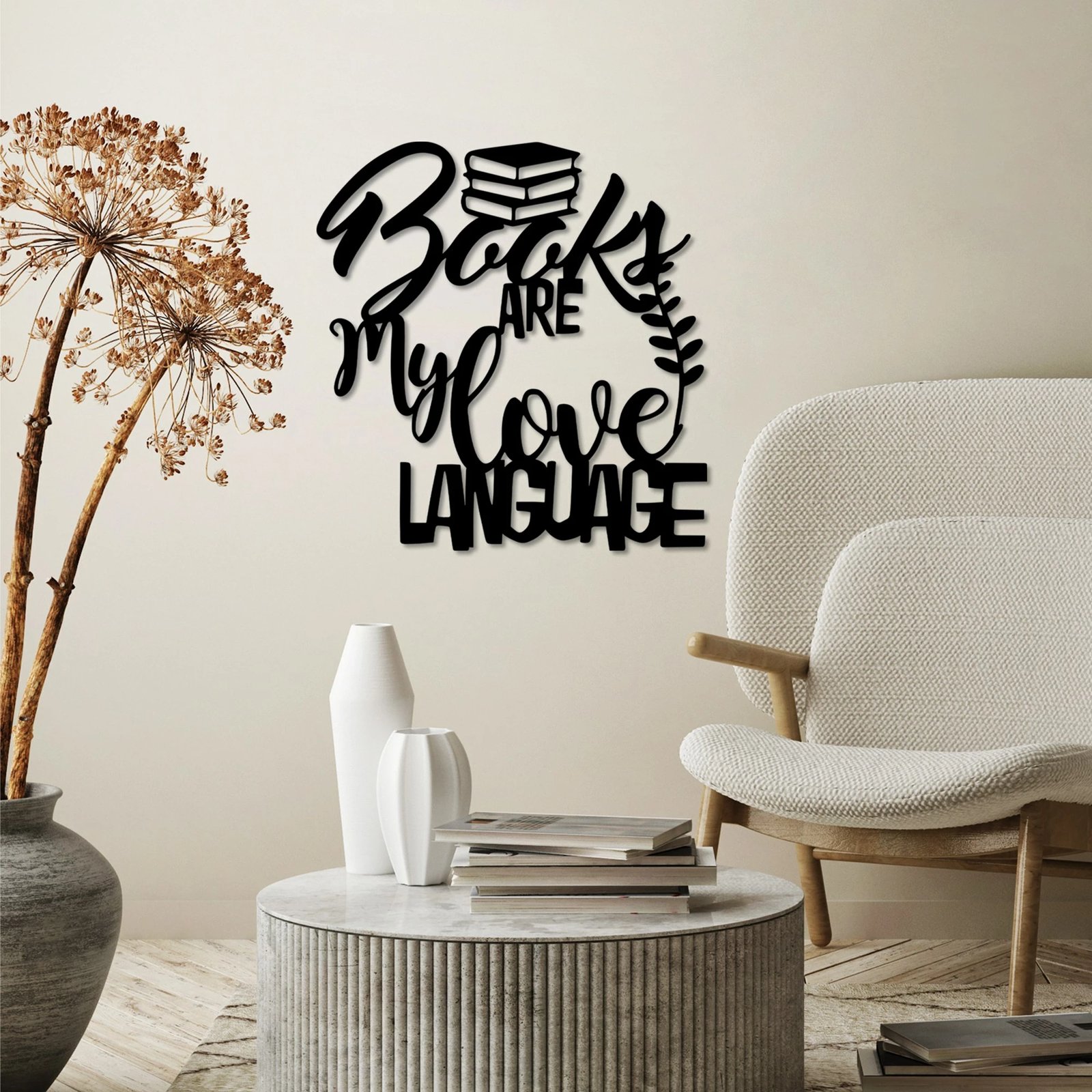 Aksesor dekorativ metalik për mur, Wallity, ngjyrë e zezë, 'Books are my love language', 50x52cm