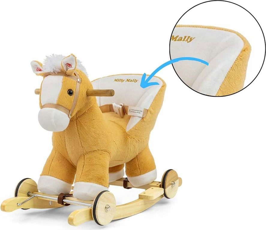 Kalë luhatës, Milly Mally, Polly, me melodi dhe rrota, karrige me rrip sigurie, deri 30 kg, 12–36 muaj, kafe e çelët