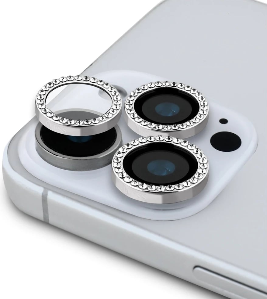 Mbështjellës xhami Guess BP Rhinestone 2in1 për ekran dhe lente, për iPhone 16 Pro Max, Argjendtë