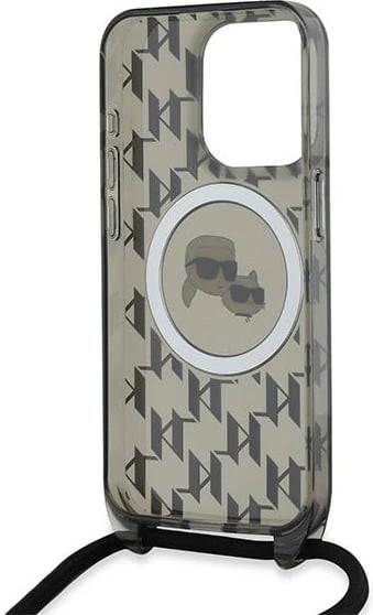 Mbështjellës Karl Lagerfeld IML Crossbody Monogram Karl & Choupette Head MagSafe për iPhone 15 Pro, Zi