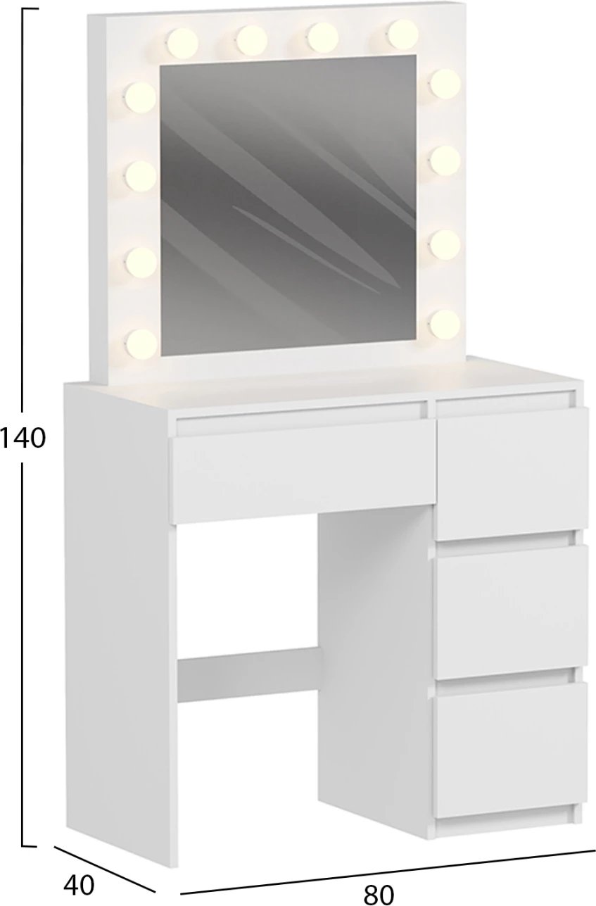 Tavolinë grimi me drita LED & sirtarë KEITLIN FH2499.03 melaminë, e bardhë, 80x40x140Hcm