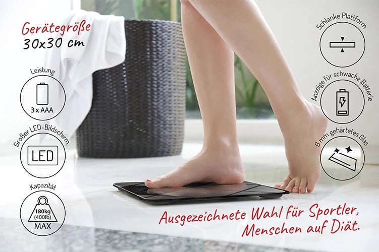 peshore banjoje elektronike, Adler AD 8169, kapacitet 180 kg, ekran LED, platformë xhami e temperuar 30x30 cm, graphite-black