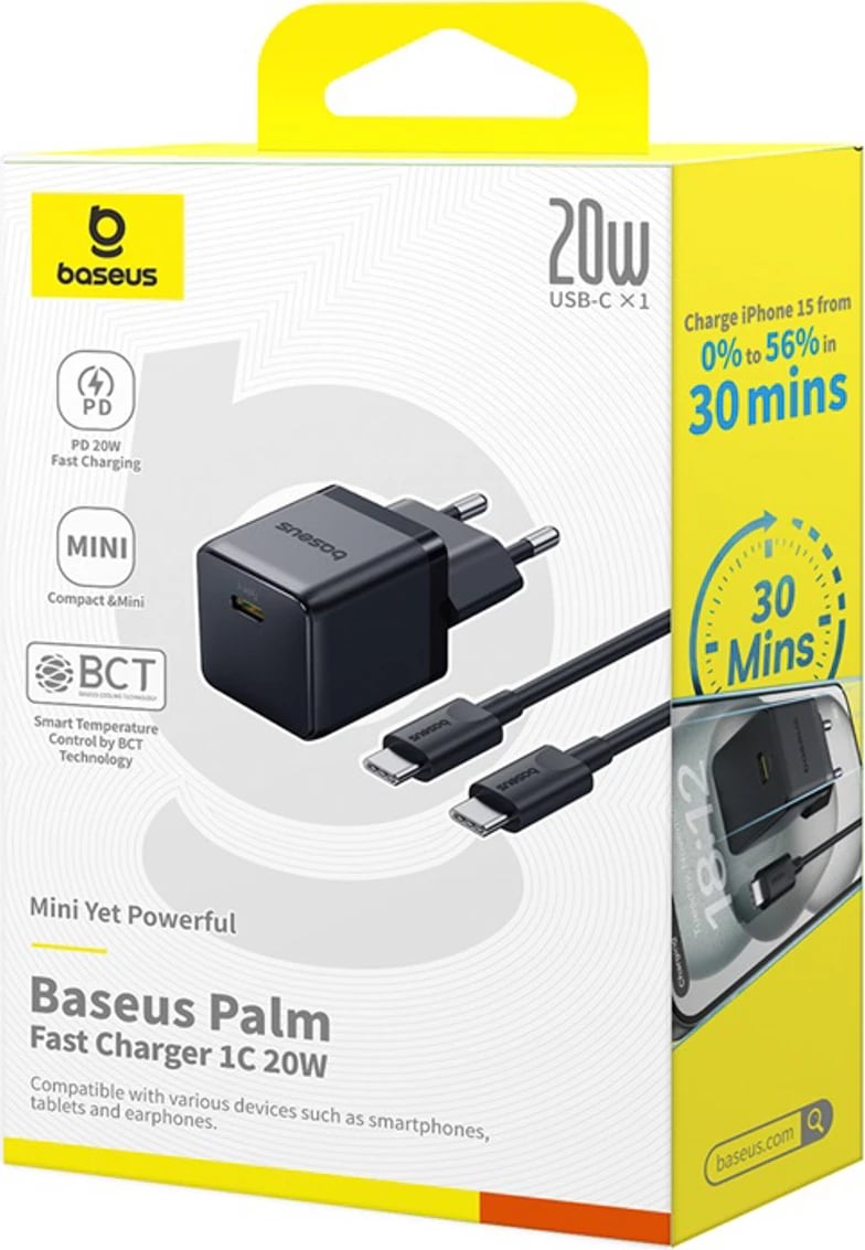 Karikues muri Baseus Palm 1C 20W me kabllo USB-C 1m, i zi
