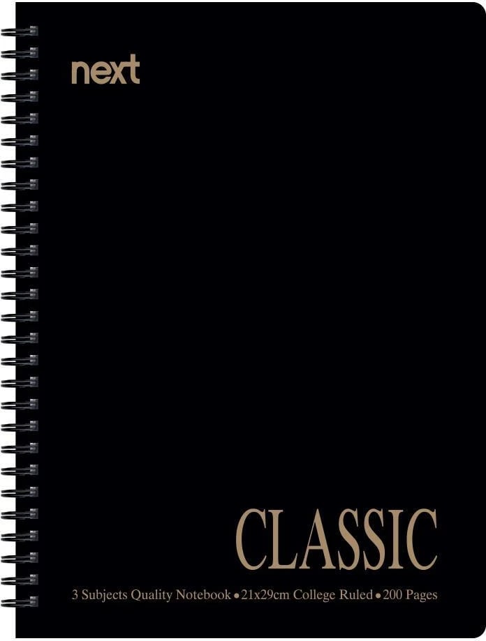 Fletore klasike me spirale Next, 3 lëndë, 21x29cm, 200 faqe, e zezë