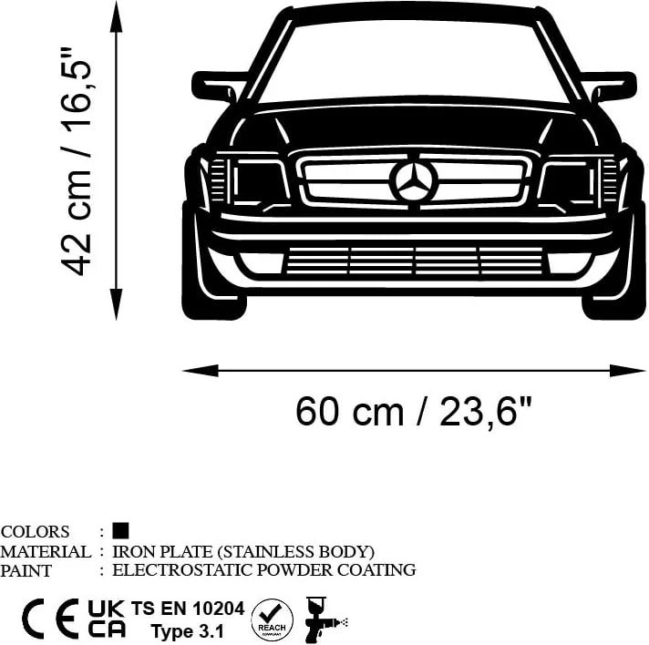 Aksesor dekorativ metalik për mur, Wallity, Mersedes Benz AMG 80S, ngjyrë e zezë, 60x42cm