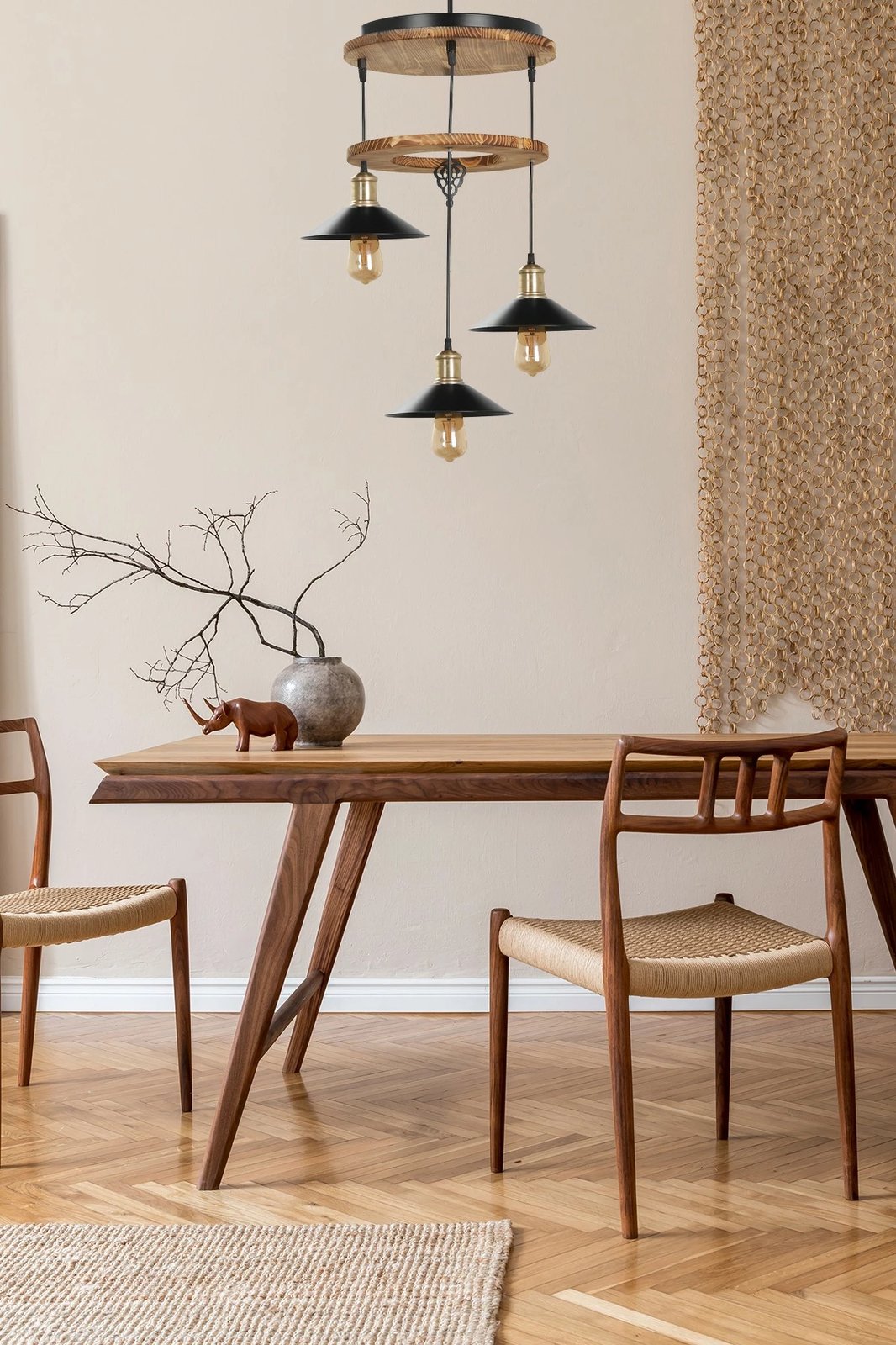 Llambë tavani prej druri dhe metali, Opviq 8363-3T, kafe dhe e zezë