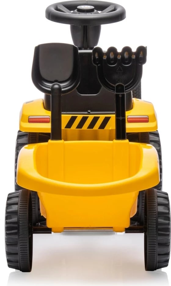 Traktor ride-on, Milly Mally, CAT Tractor 5766, me rimorkio, drita e tinguj, timon me borí, 6 rrota, verdhë/zi, set me lopatë dhe grabujë