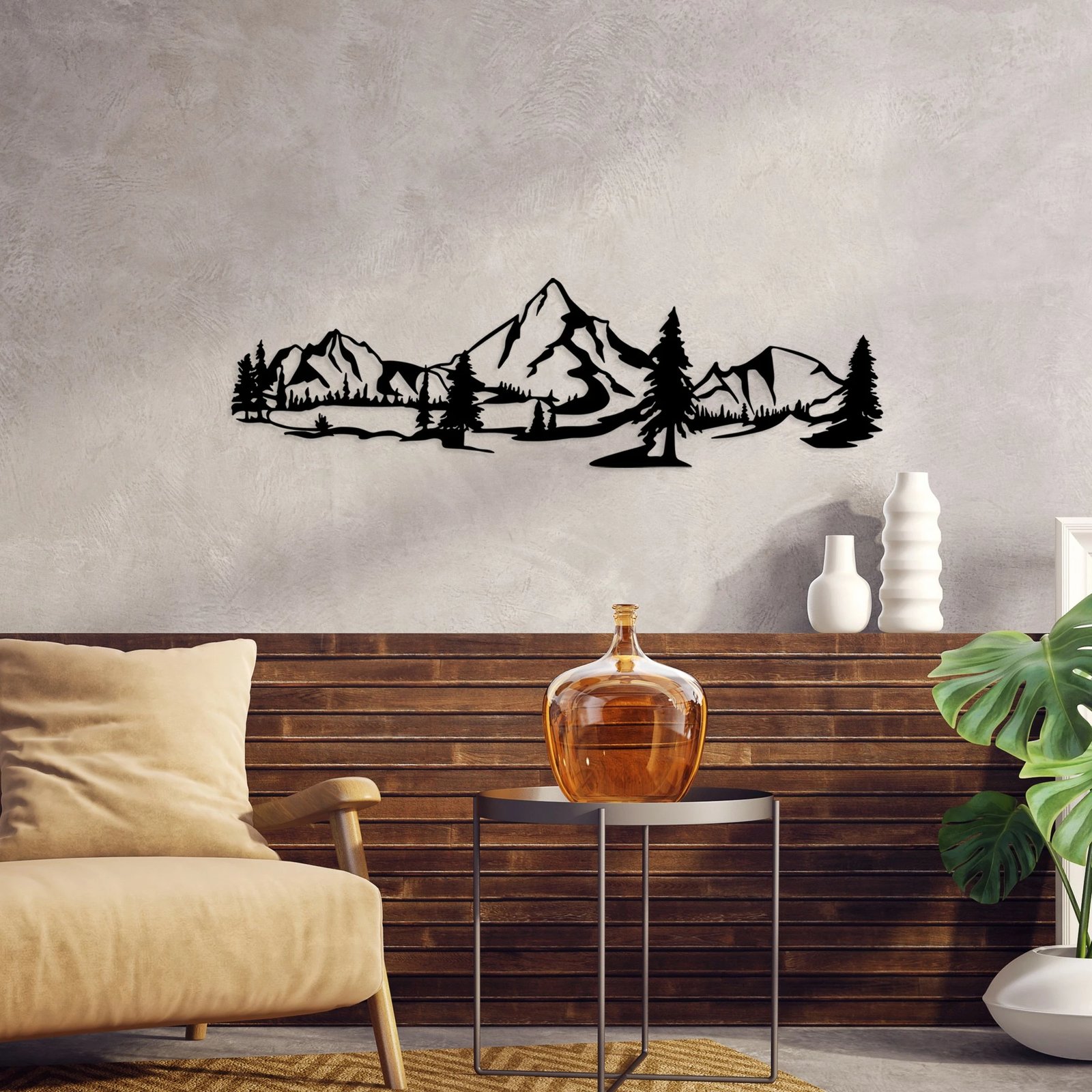 Aksesor dekorativ metalik për mur, peizazh, Wallity, Landscape 4, ngjyrë e zezë, 20x70cm