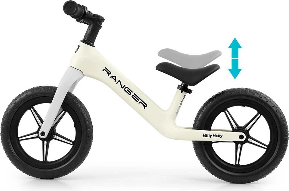 Bicikletë balancuese fëmijësh, Milly Mally Ranger Flash, rrota 12" EVA pa fryrje, kornizë kompozite e lehtë, sedile e rregullueshme, e bardhë