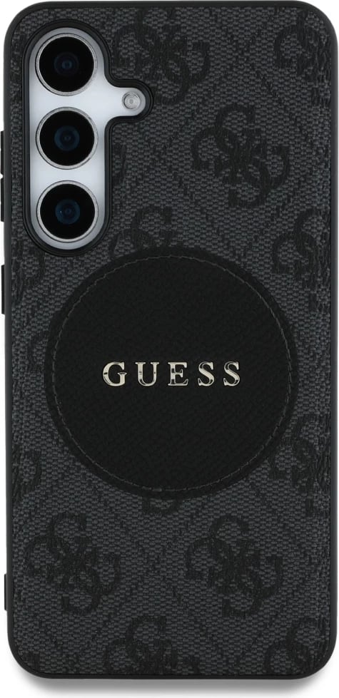 Mbështjellës Guess 4G Round Patch Classic Logo MagSafe për Samsung Galaxy S25, i zi