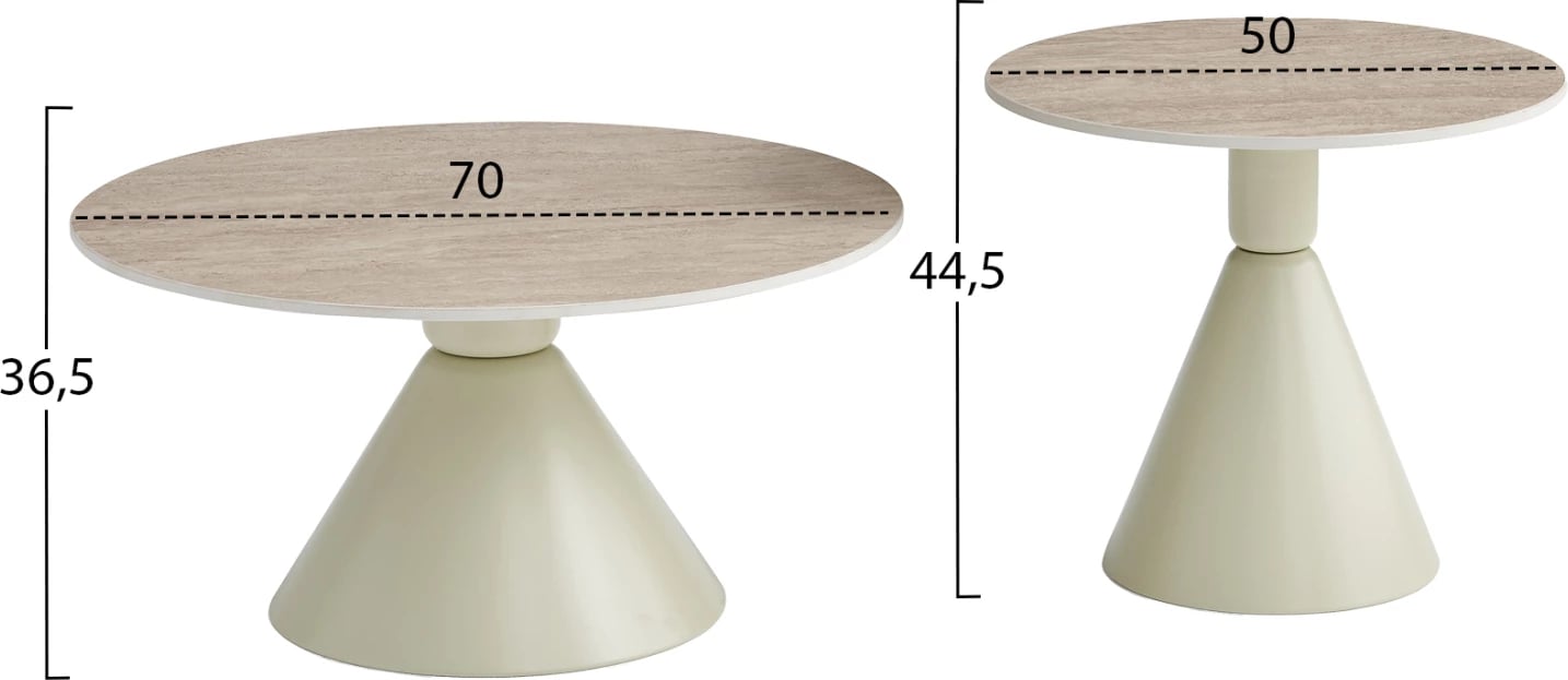 Set 2 tavolina kafeje JEN, metal ngjyrë shampanje, sipërfaqe qeramike travertin, FH18305.04, Φ50cm & Φ70cm