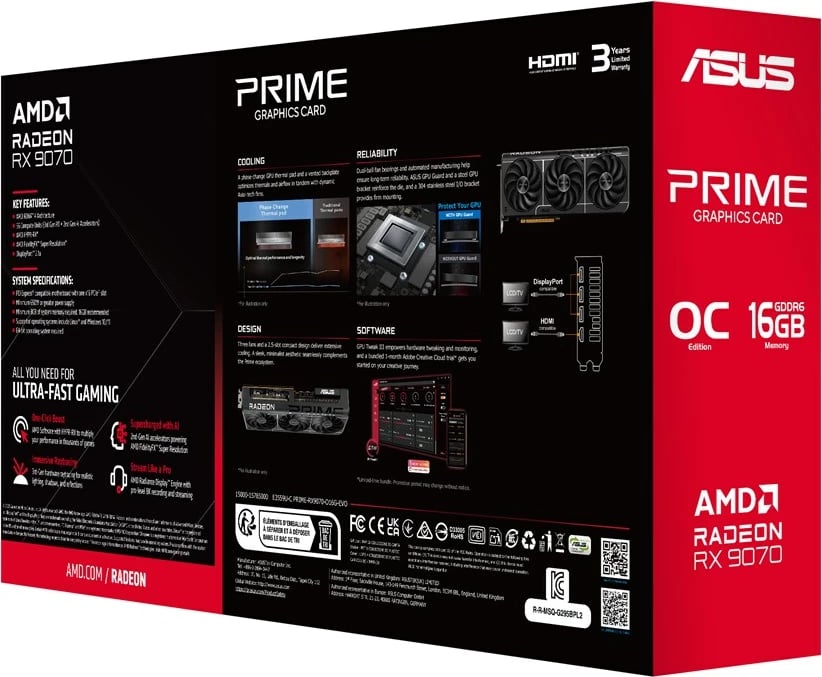 Kartelë grafike ASUS Prime RX9070-O16G-EVO, 16 GB GDDR6, e zezë