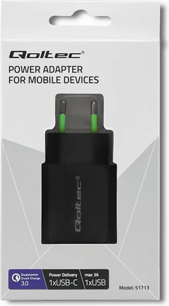 Karikues rrjeti Qoltec 51713, 18W, USB Type C PD, USB QC 3.0, i zi