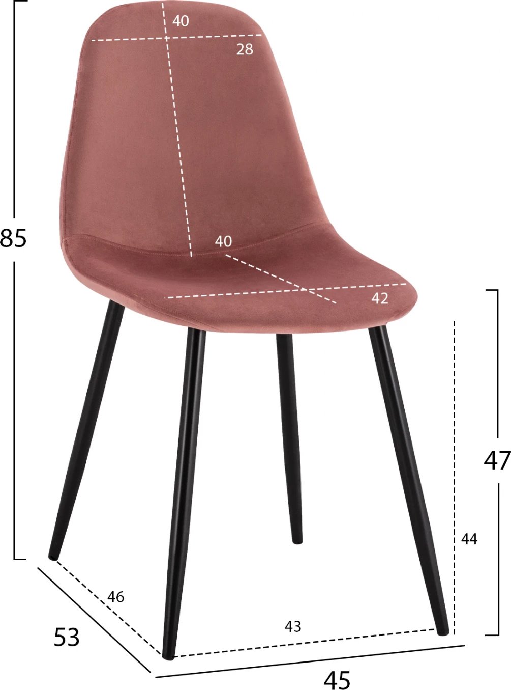 Karrige për ngrënie Leonardo, kadife ngjyrë molle të kalbur, këmbë metalike, FH00100.02, 45x53x85 cm., set prej 4 copë