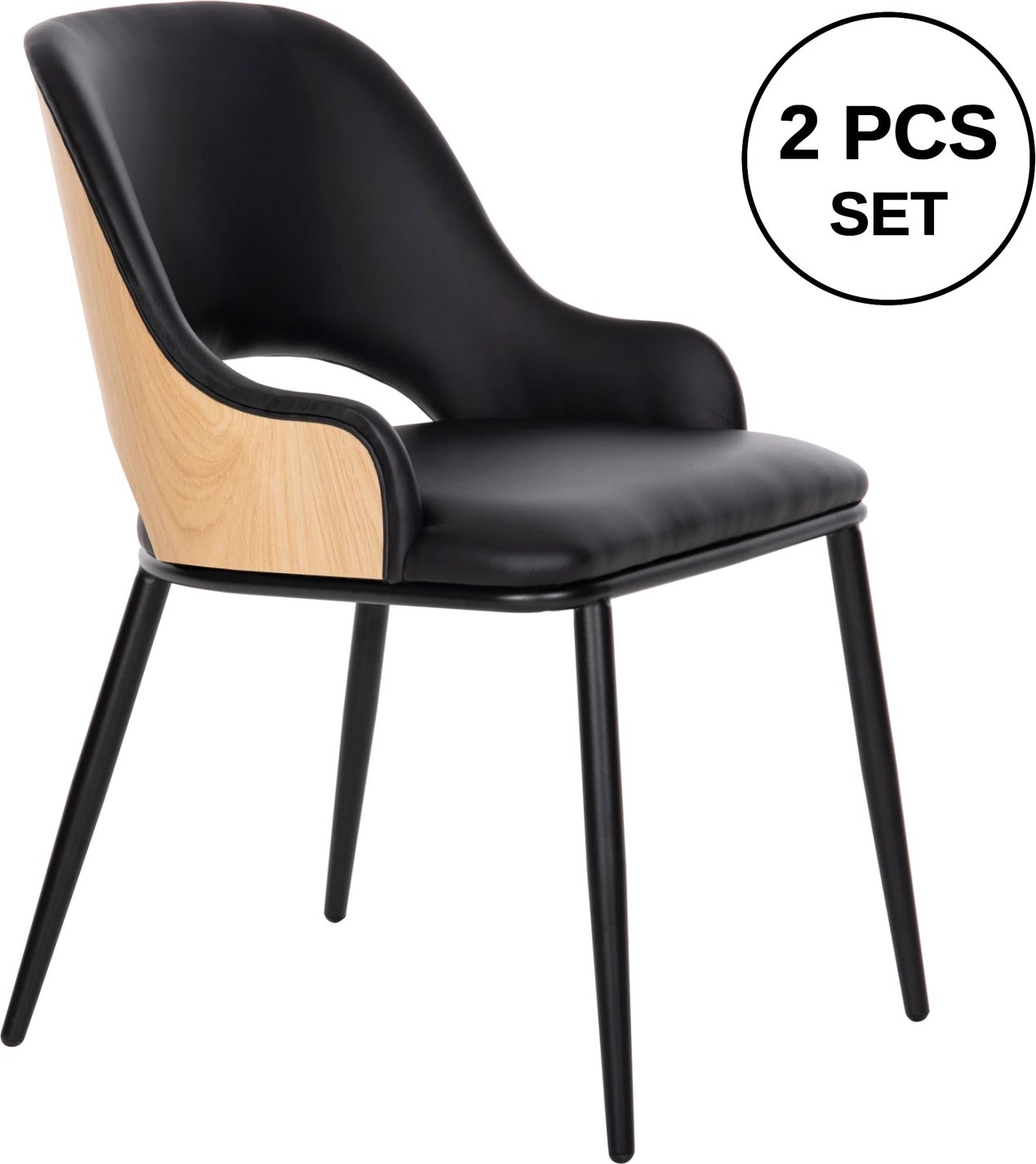 Karrige ngrënieje DELF FH9617.01 PU e zezë-këmbë metali të zeza-shpinë druri natyrale 48x55x76H cm., set prej 2 copë