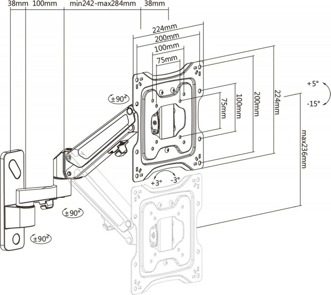 Mbajtës muri për monitor Digitus DA-90428, 23-43", sustë gazi, rrotullues, i zi mat