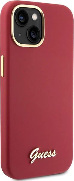 Mbështjellës Guess Silicone Script Metal Logo & Frame për iPhone 15, Kuq