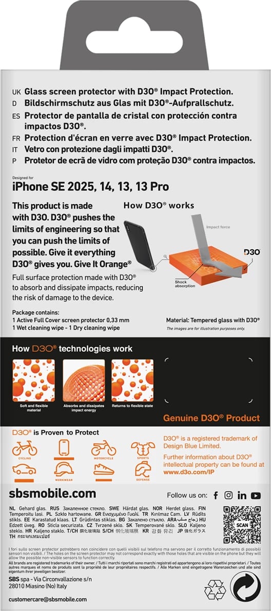 Xham mbrojtës SBS Tempered Glass D3O për iPhone 16e, me kornizë