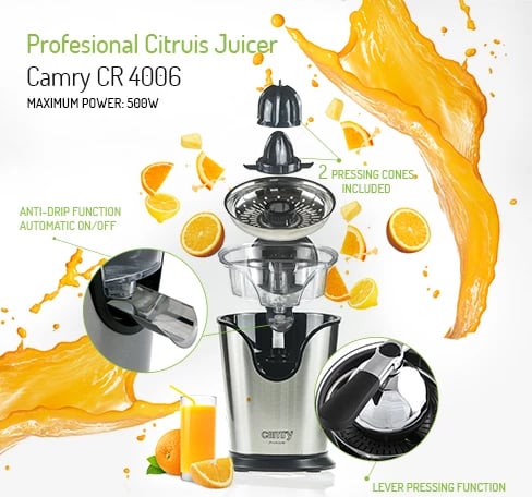 Shtrydhëse agrumesh, Adler Camry CR 4006, 500W max 100W nominale, levë çeliku, NoDrip, 2 konusa, çelik inox, argjendtë/zezë