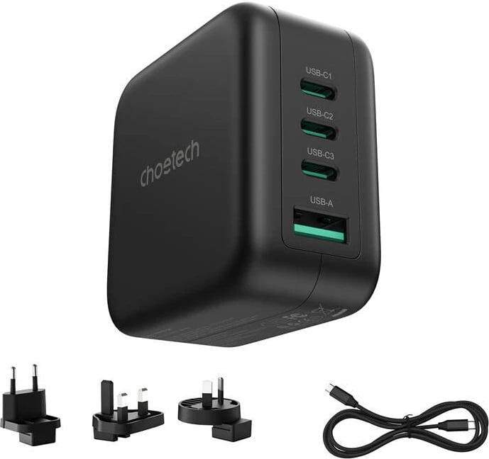 Karikues universal Choetech PD6055, 70W, GaN, 3x USB-C, 1x USB-A, me adapterë US/EU/UK/AU, i zi