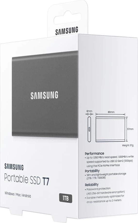 SSD i jashtëm Samsung Portable T7, 1 TB, USB Type-C 3.2 Gen 2, Gri