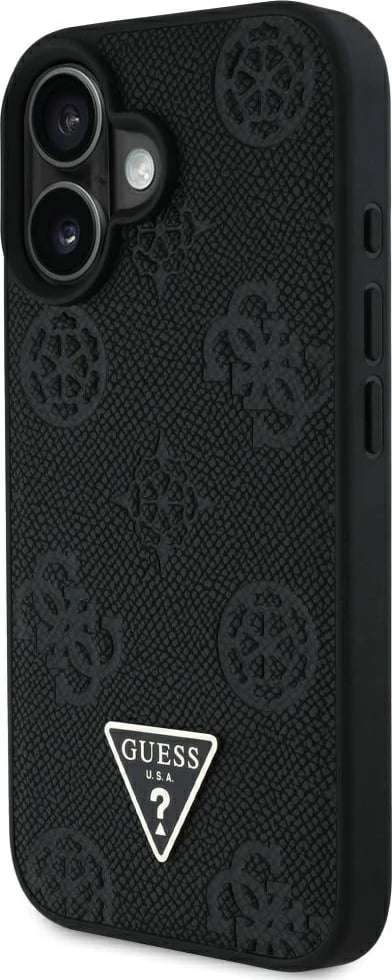 Mbështjellës Guess Grained Hot Stamp Peony Triangle Logo MagSafe për iPhone 16, i zi