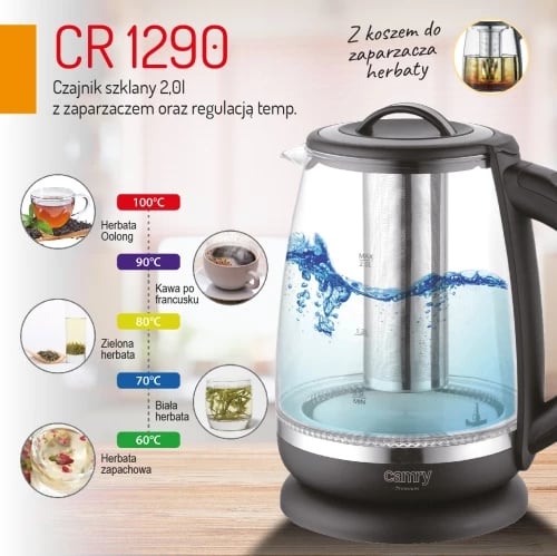 Zierës uji elektrik, Camry CR 1290, xham 2.0 L, kontroll temperature 60–100°C, shportë çaji, i zi