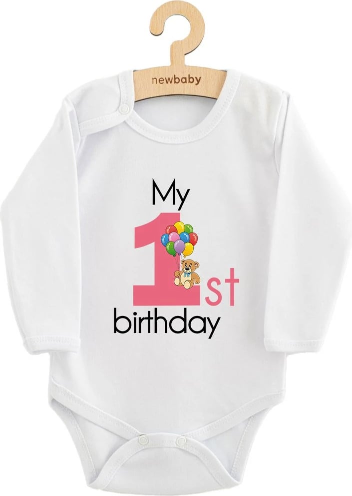 bodi bebe, NEW BABY, My First Birthday, 100% pambuk, gjatëmanga, madhësia 80 (9-12m), rozë