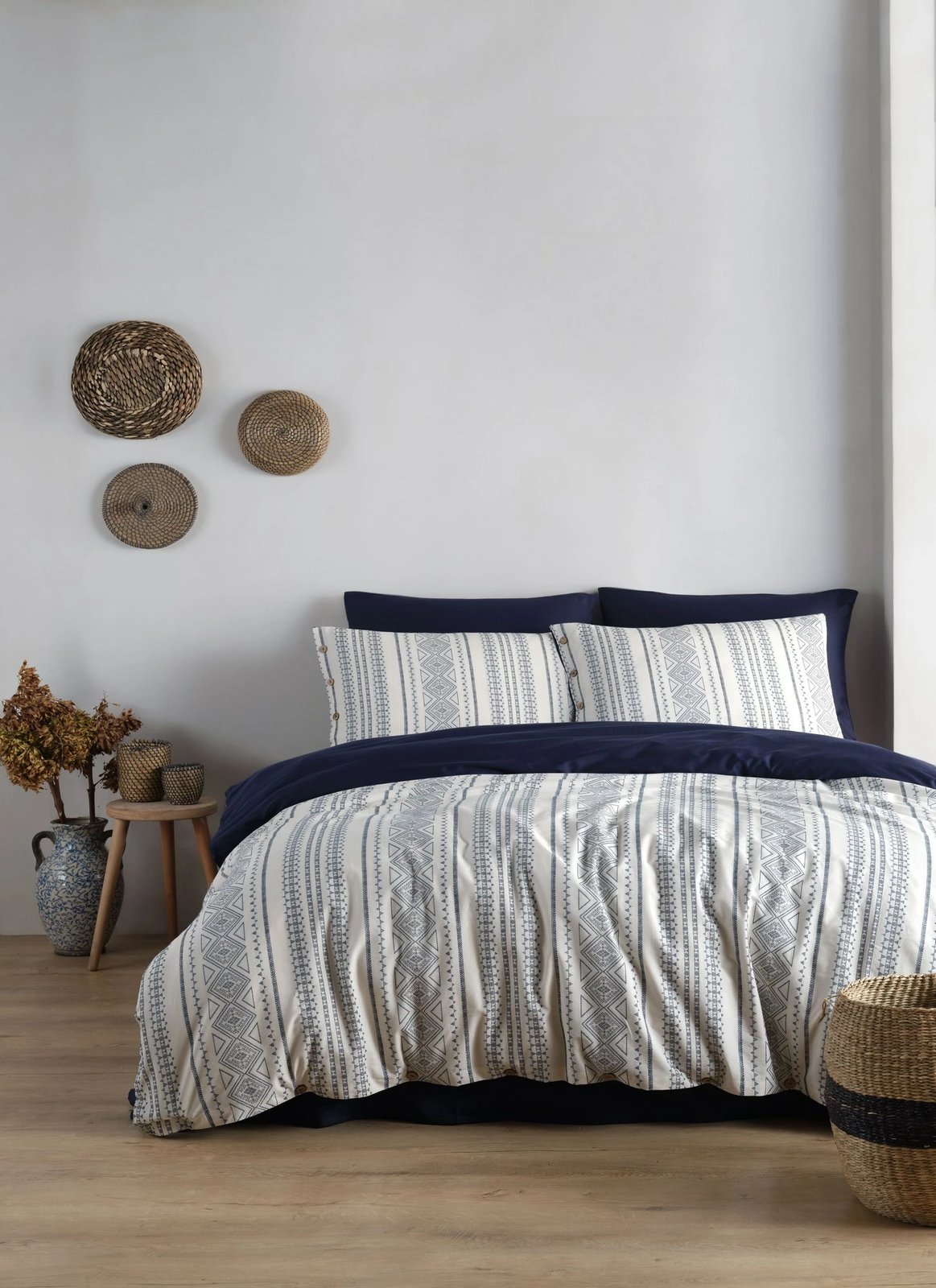 Set mbulesë jorgan për një person XXL, saten, Coastal Trio, ngjyrë indigo blue dhe krem