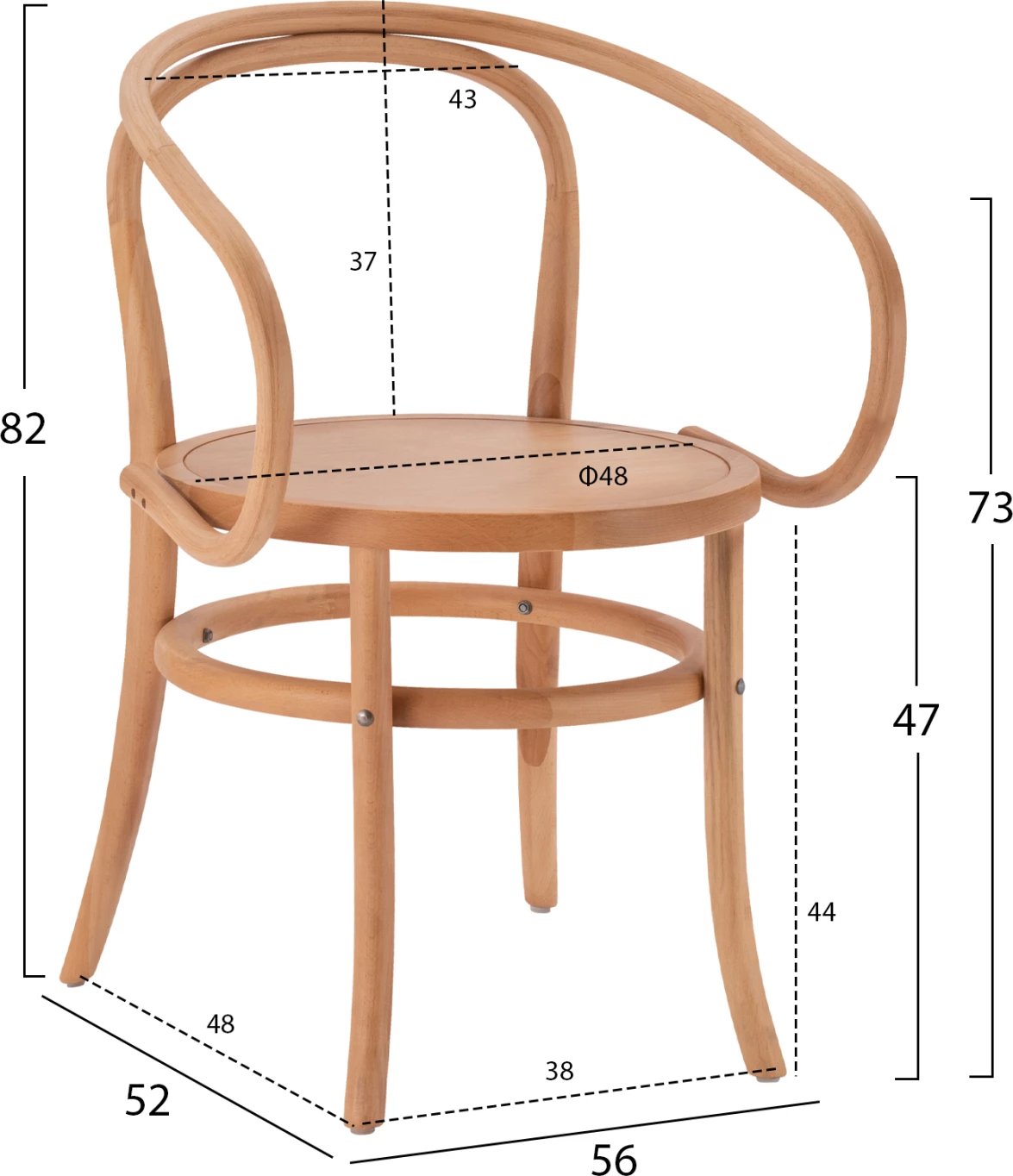 Karrige druri me krahë, dru ahu, ngjyrë natyrale, FH8746.01, 56x52x82 cm