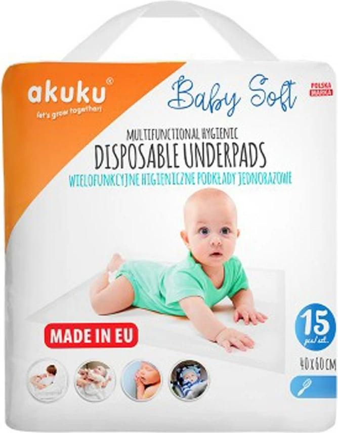 Shtroja nënshtrat njëpërdorim, Akuku Baby Soft, 40x60 cm, e bardhë, paketë 15 copë