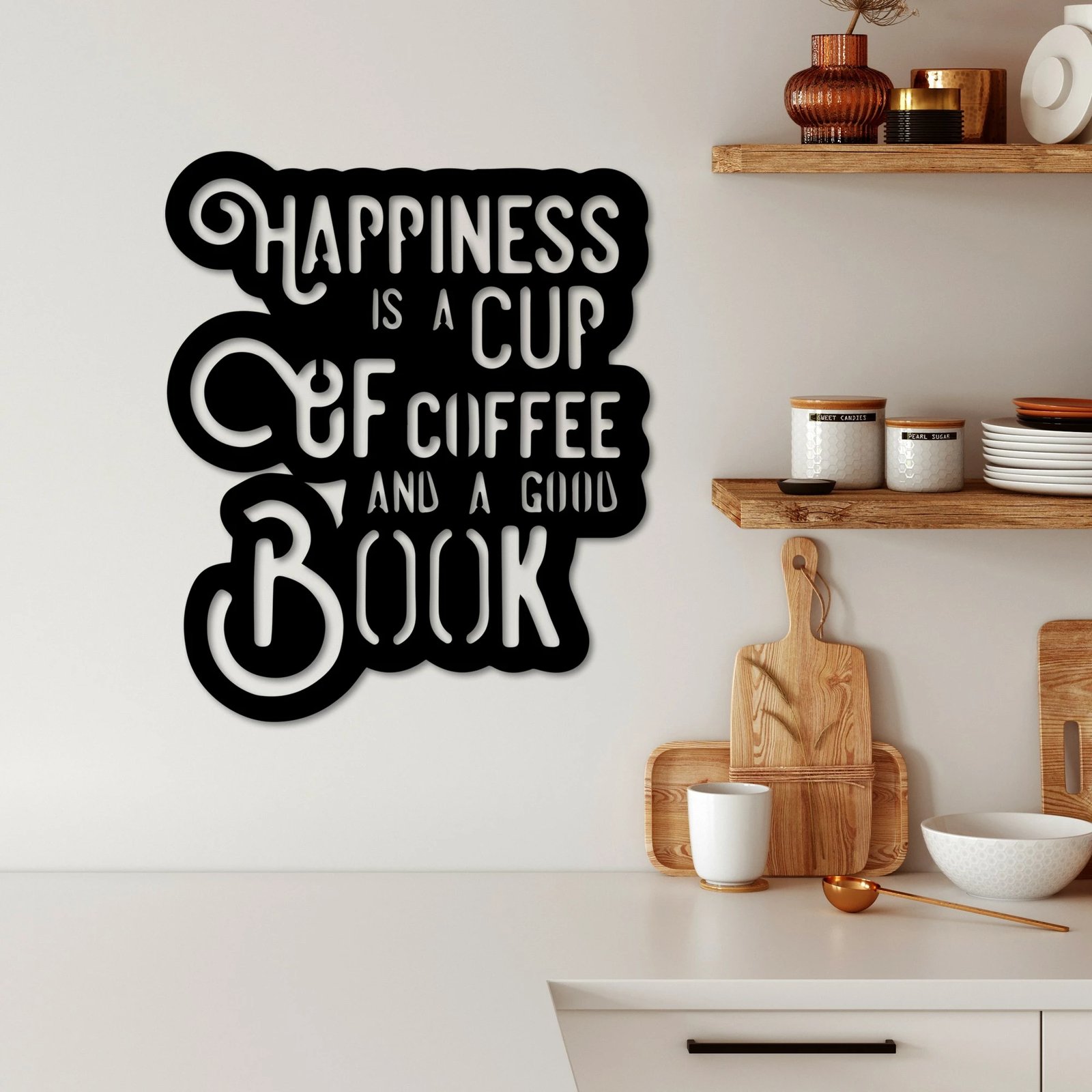 Aksesor dekorativ metalik për mur Wallity, Happiness Coffee, ngjyrë e zezë